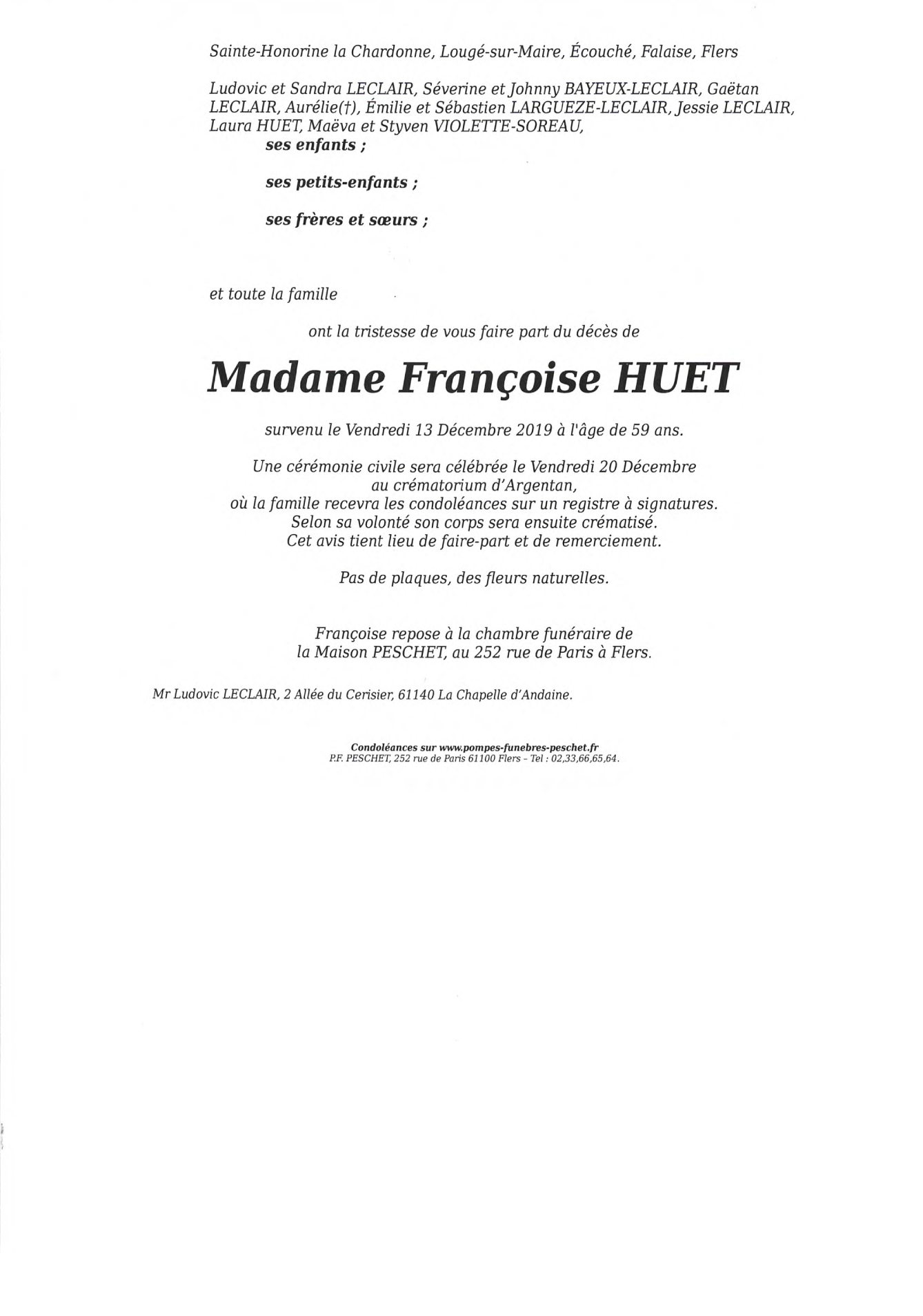 Avis De Deces La Chapelle D Andaine Nécrologie Maison PESCHET - Décès de Madame Françoise HUET (13-12-19),  Annonce nécrologique